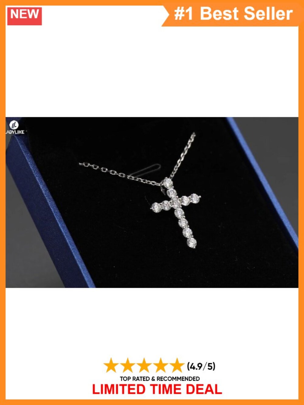 Moissanite Cross Pendant Necklace Sterling Silver 18K Gold Plated - Picture 6 of 6